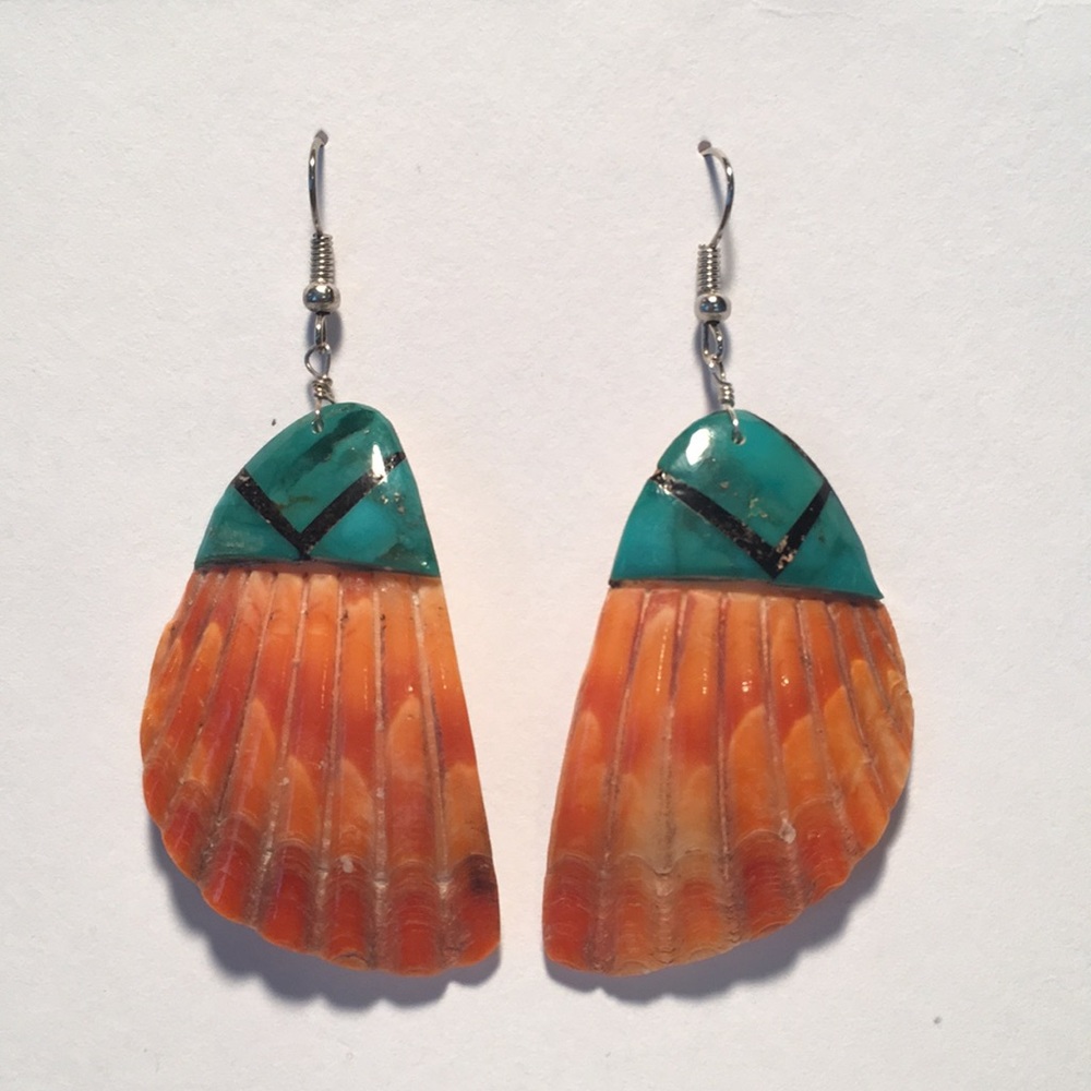 Native Orange Shell Earrings With Turquoise Inlay